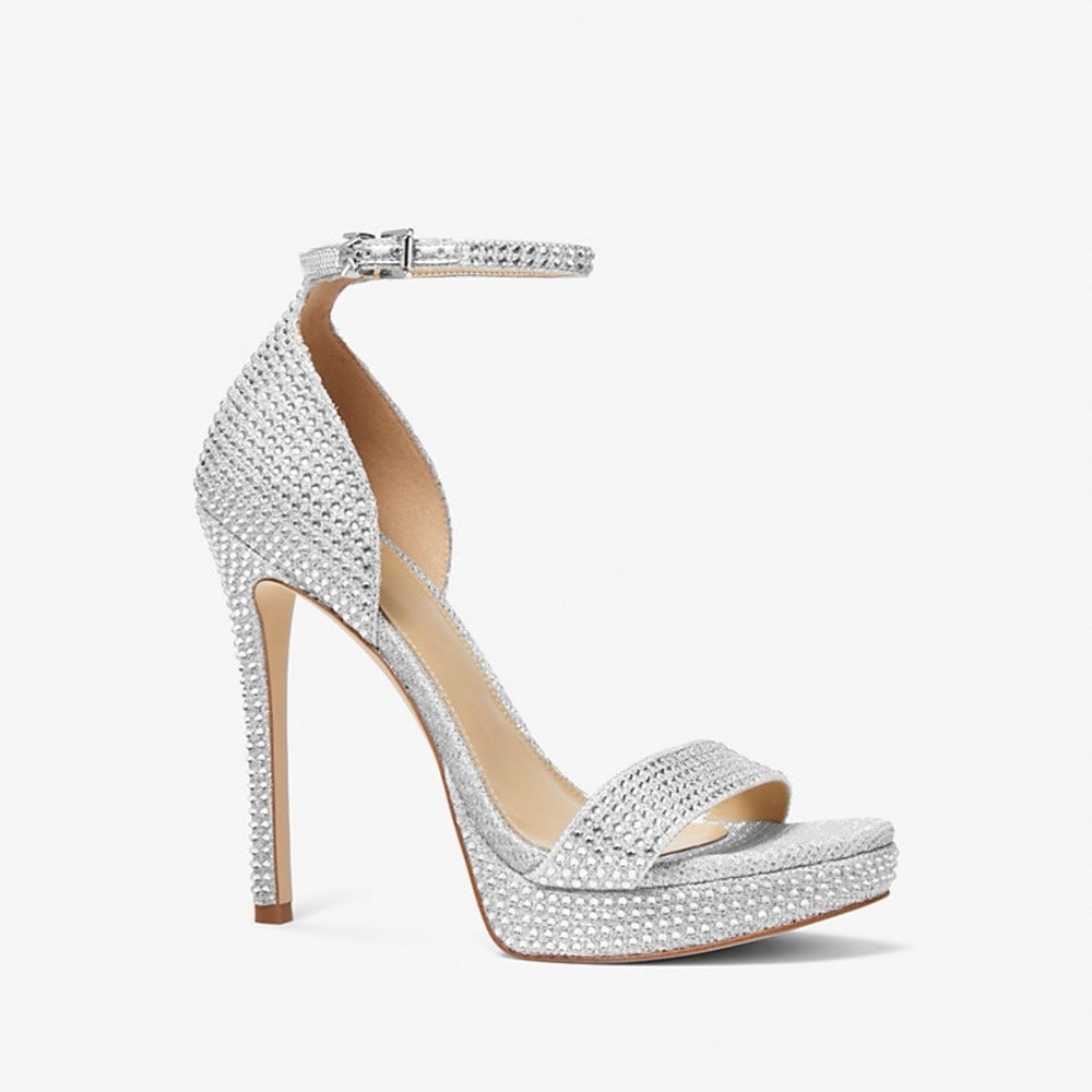 Michael Kors Woman Silver Rhinestones Strappy Mesh Stiletto Heel US5.5 Evening